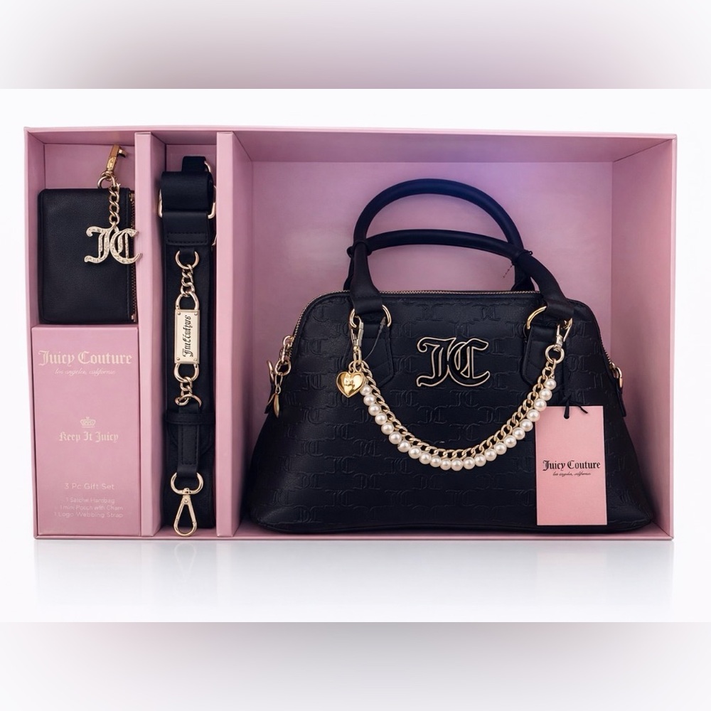 Juicy Couture Black Satchel 3pc Gift Set Wallet Strap Pearl Chain NWT